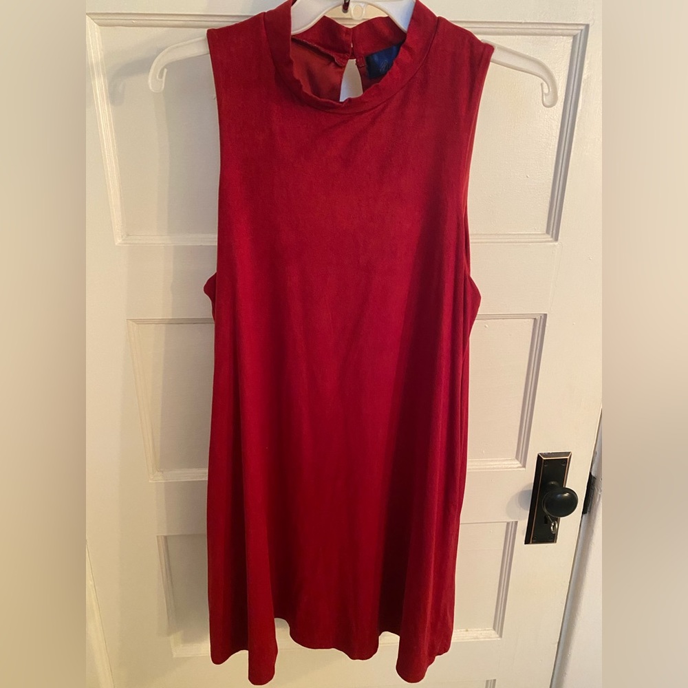 Suede red sleeveless mock-neck dress
